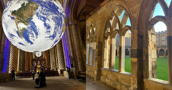 David, a wheelchair user sat under Gaia artwork at Durham Cathedral and shot of the cathedral's cloisters. 